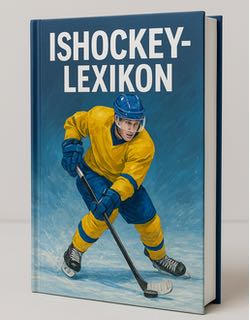 Bild på en bok med titeln "Ishockey-lexikon". På omslaget syns en ishockeyspelare klädd som en svensk landslagsspelare i blått och gult.